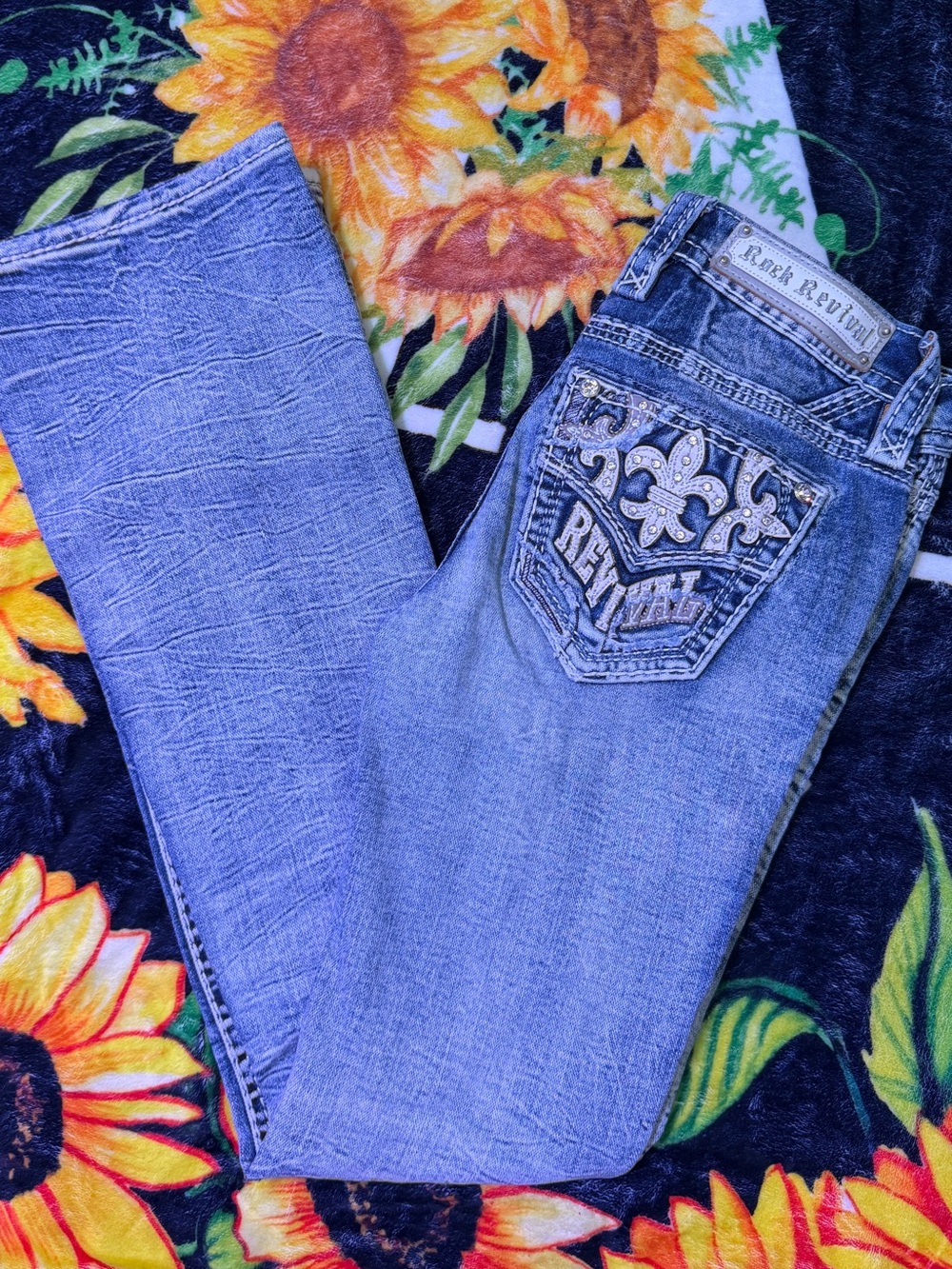 Rock Revival Blue Embroidered Fleur-De-Lis Boot Cut Jeans
